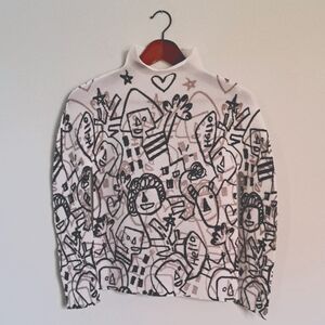 Designer Issey Miyake Me Pleats Please Half Collar Shirt with Graphic Doddles XS